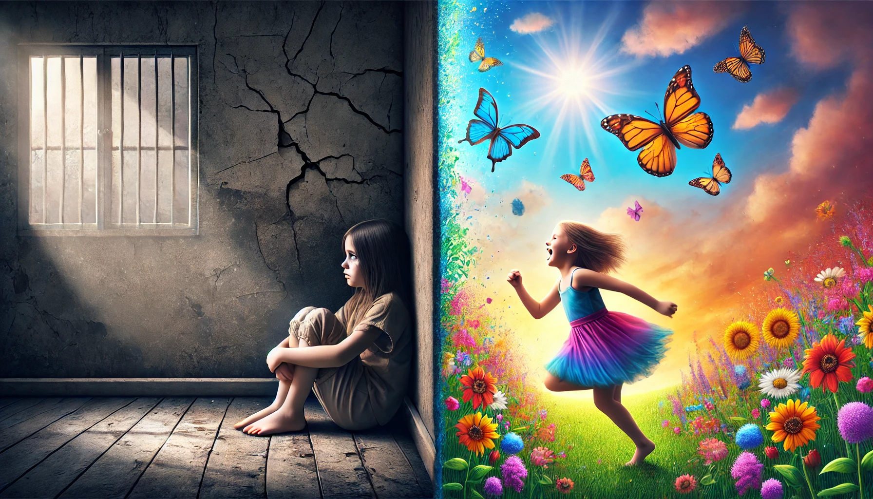 Vorher-Nachher-Bild zur Heilung des inneren Kindes: trauriges Kind im dunklen Raum auf der linken Seite– fröhliches Kind in bunter Natur mit Schmetterlingen auf der rechten Seite.