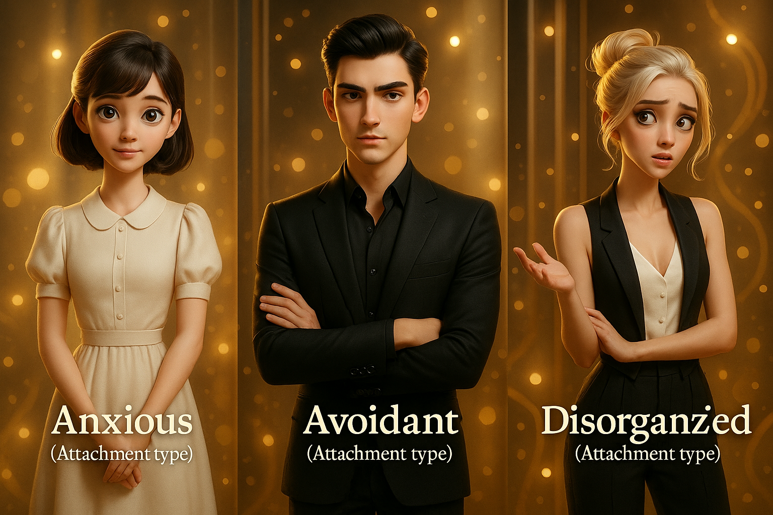 Modernes 3D-Illustrationsbild in Schwarz-Weiß-Gold mit drei Figuren, die die Bindungstypen anxious, avoidant und disorganized symbolisieren: eine ängstlich-anhängliche Frau, ein vermeidender Mann mit narzisstischen Zügen, eine desorganisierte junge Frau mit Borderline-Merkmalen.