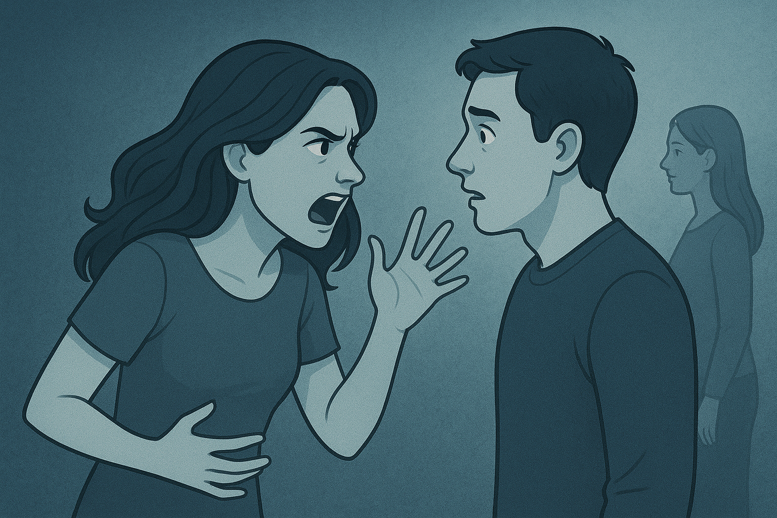 Frau schreit ihren Partner an, im Hintergrund eine verschwommene Silhouette einer anderen Frau, die Eifersucht in einer Beziehung symbolisiert.