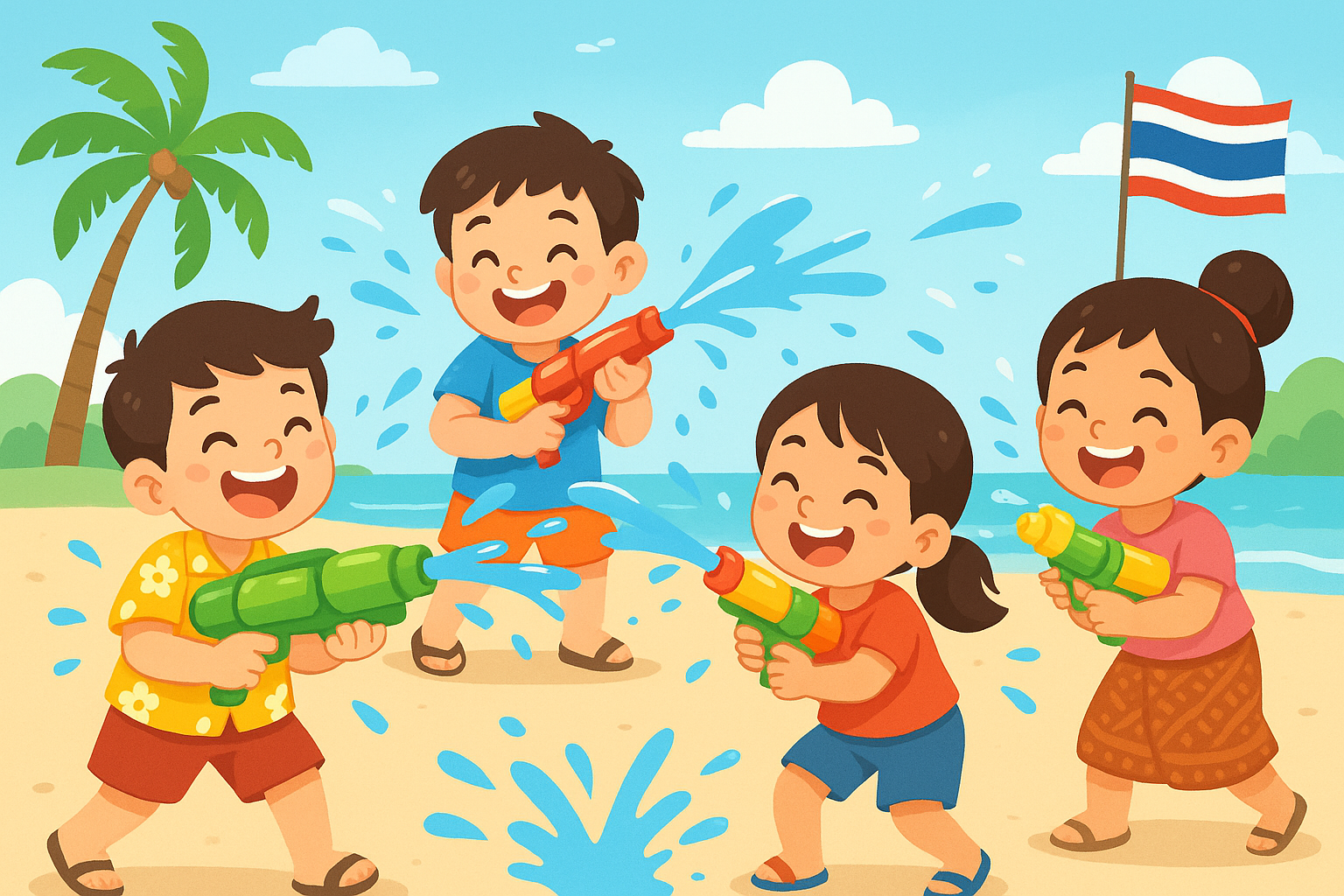 Illustriertes Bild von vier Kindern, die am Strand mit Wasserpistolen spielen. Im Hintergrund ist eine Palme, das Meer und eine Thailand Flagge zu sehen