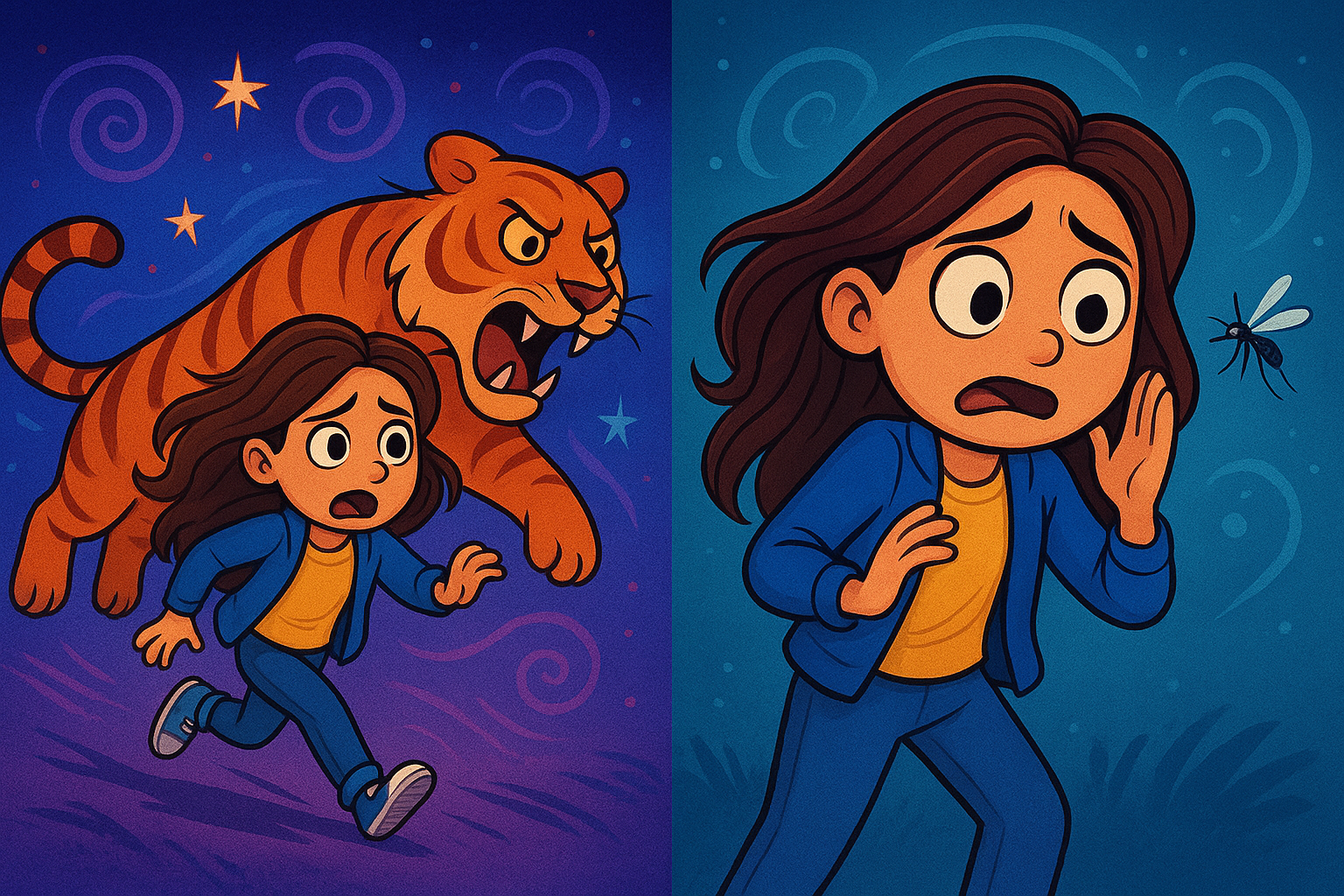 Illustration zweier Szenen: links ein ängstliches Mädchen, das vor einem Tiger flieht- eine normale Reaktion eines gesunden Nervensystems, rechts das gleiche Mädchen, das erschrocken auf eine Mücke reagiert, was eine überreaktive Stressreaktion eines dysregulierten Nervensystems symbolisiert.