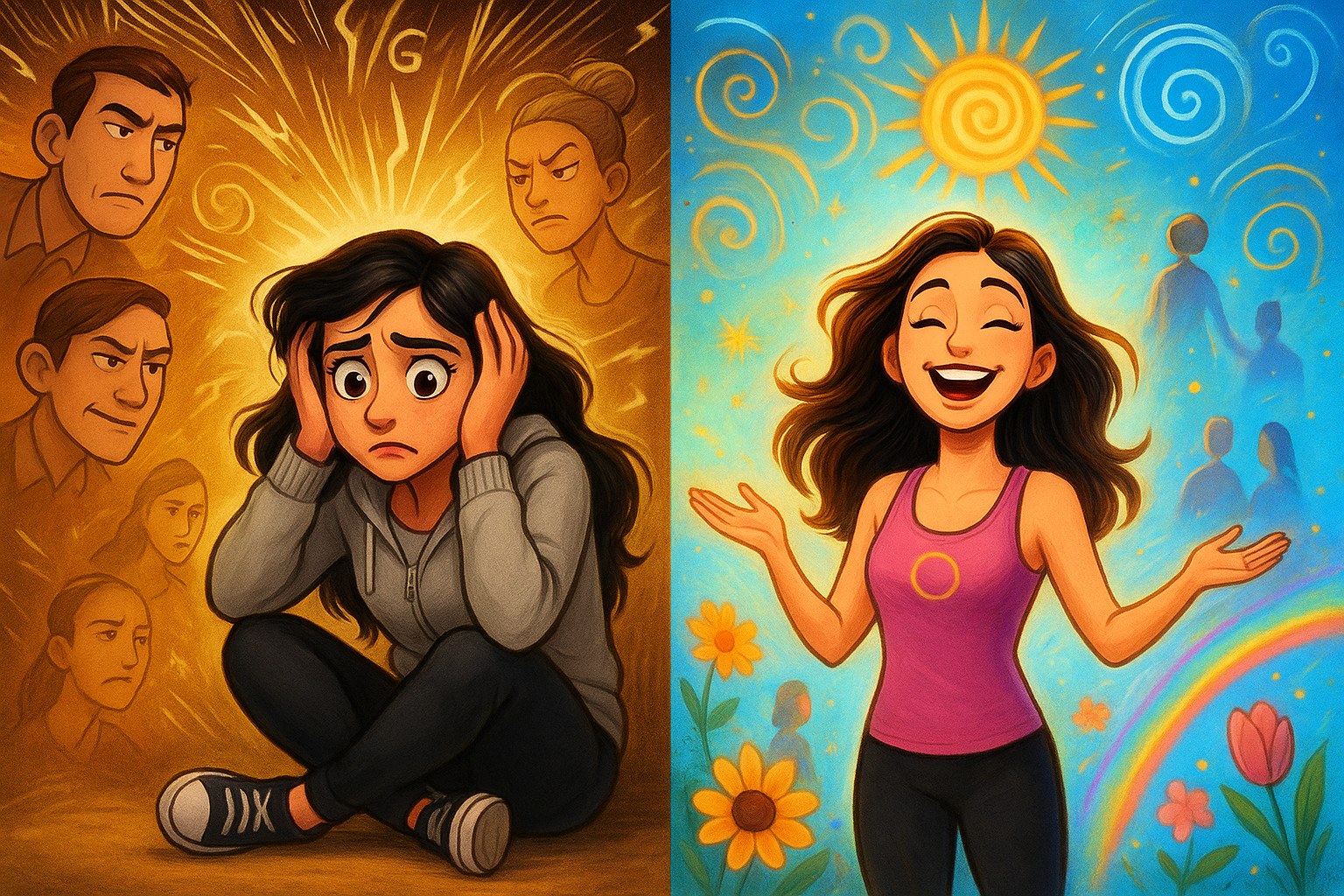 Illustration zweier Szenen: links eine ängstliche Frau, umgeben von negativen Emotionen und missgünstigen Gesichtern, die das dysregulierte Nervensystem darstellt, rechts die gleiche Frau, entspannt und glücklich unter einer strahlenden Sonne und positiver Umgebung, die die Regulation des Nervensystems symbolisiert.